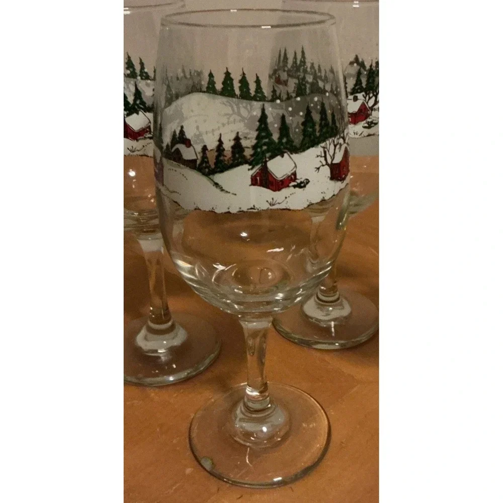 Libbey  Christmas Wine‎ Glass Winter Snow Scene Set Of 4 Vintage-